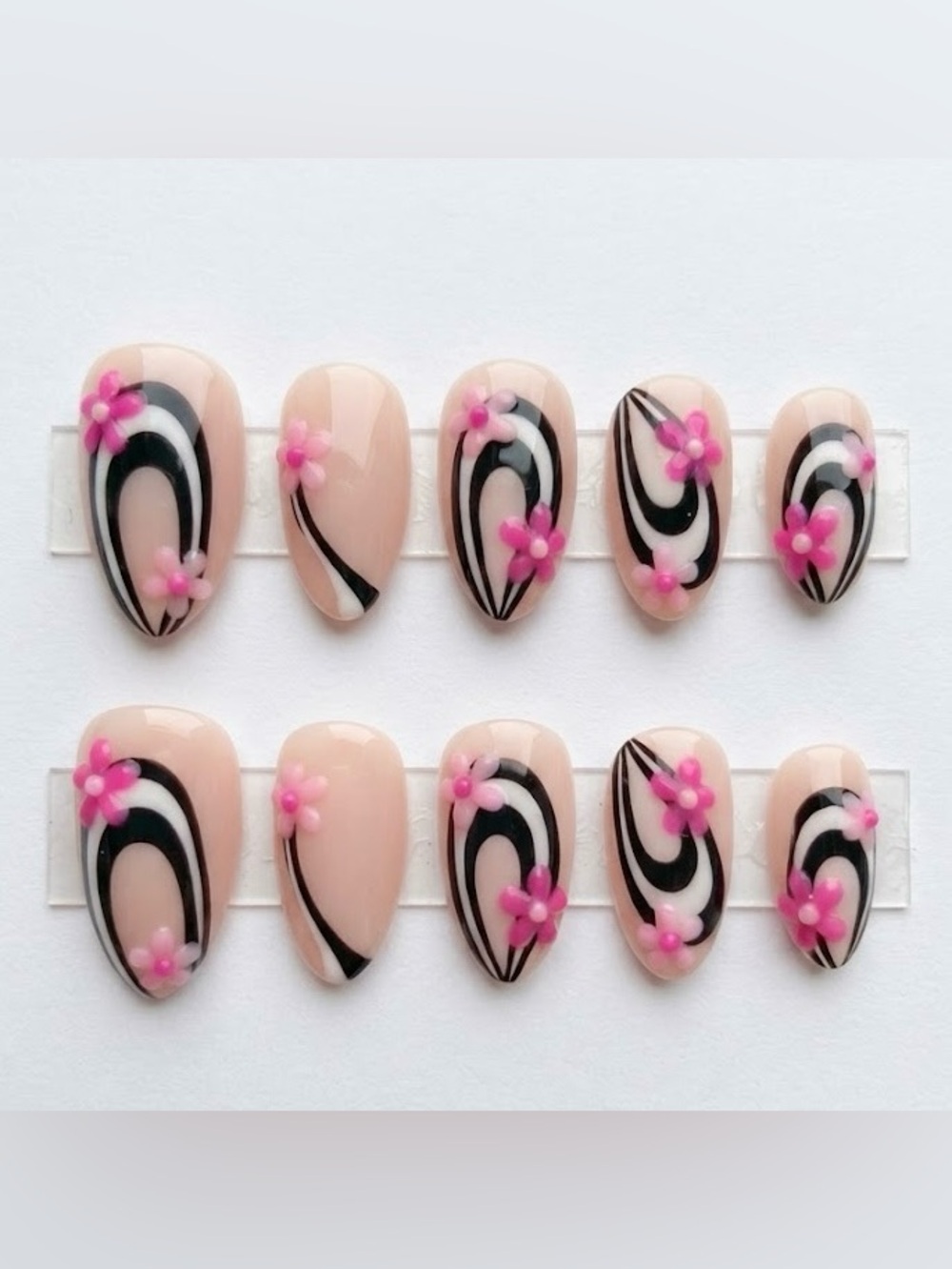 Pink Nude Press-On Nails with Black & White Swirl and 3D Pink Flowers